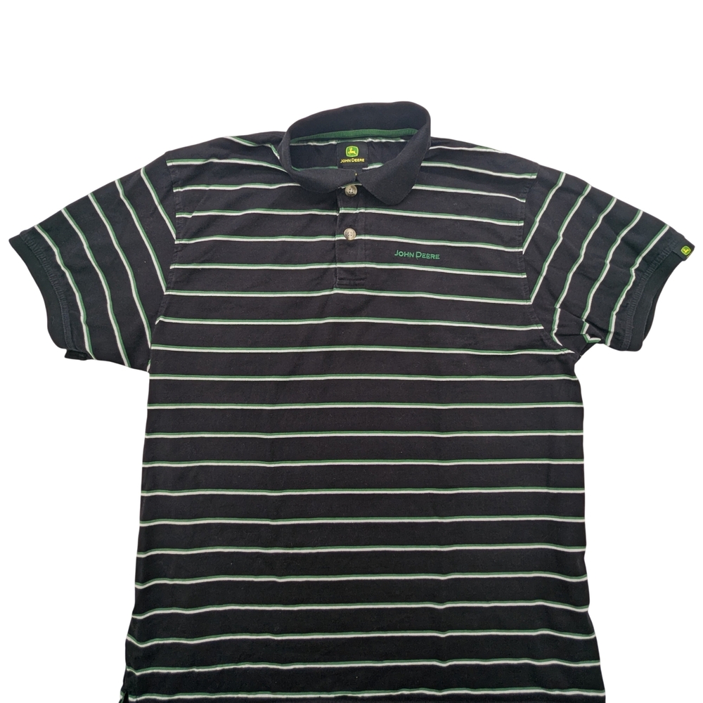 John Deere Shirt Mens Large Black Green Striped Polo 100% Cotton Classic Logo